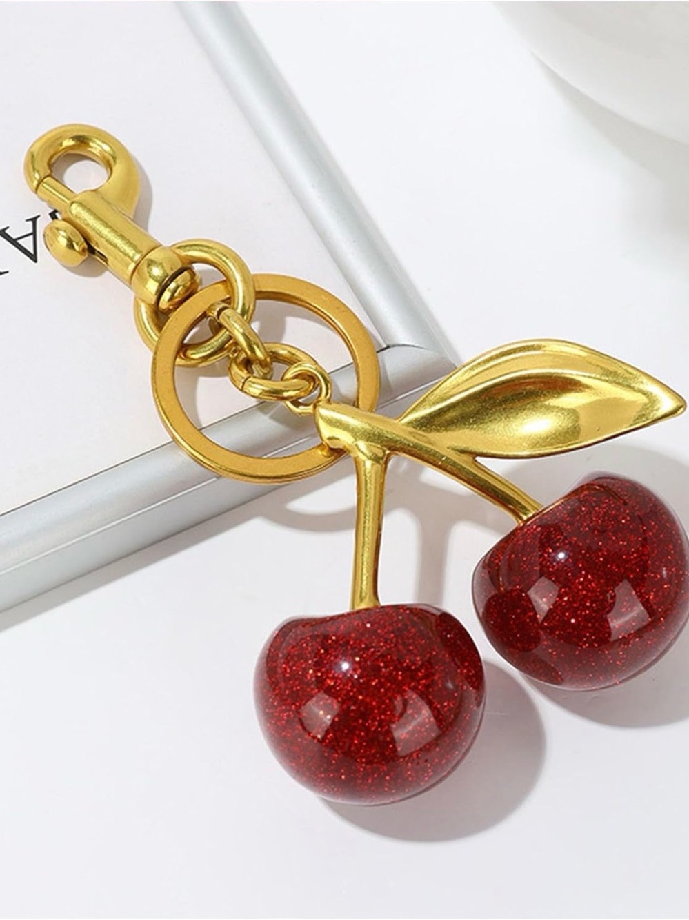 Gold Cherry Keychain Bag Charm with Red Glitter Cherries